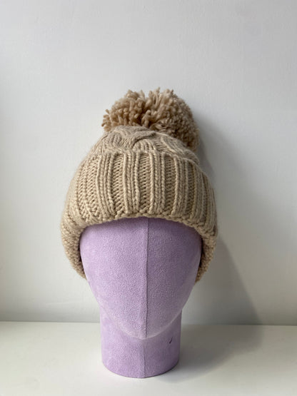 H409 Textured Knit Beanie with Pom-Pom Beige