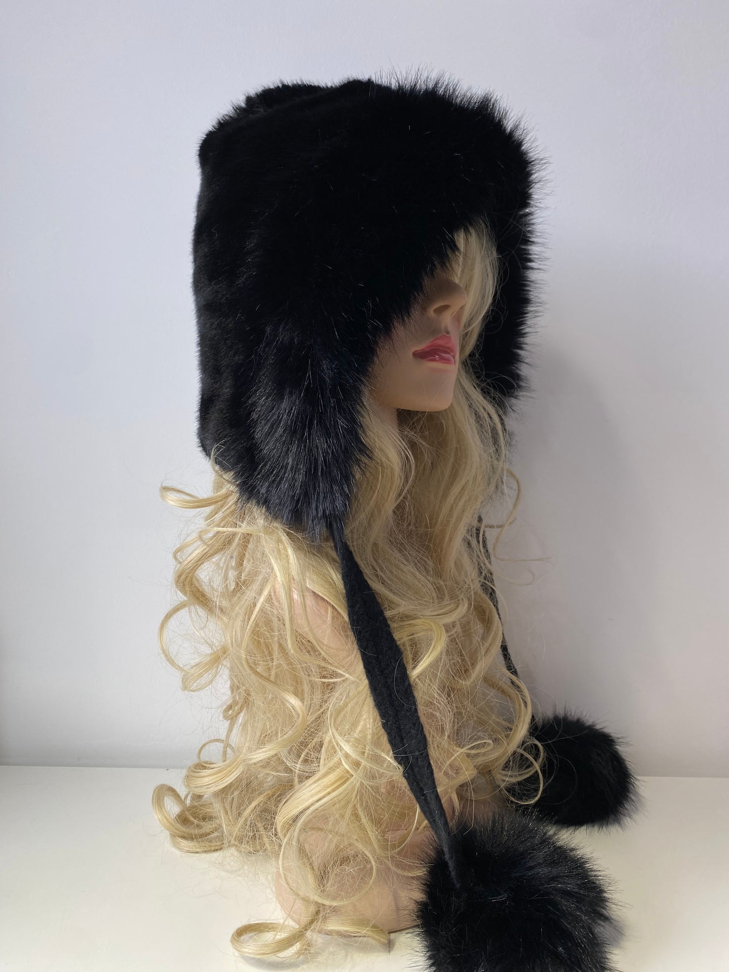 H503 Faux Fur Hood Style Hat With Pom Pom Black