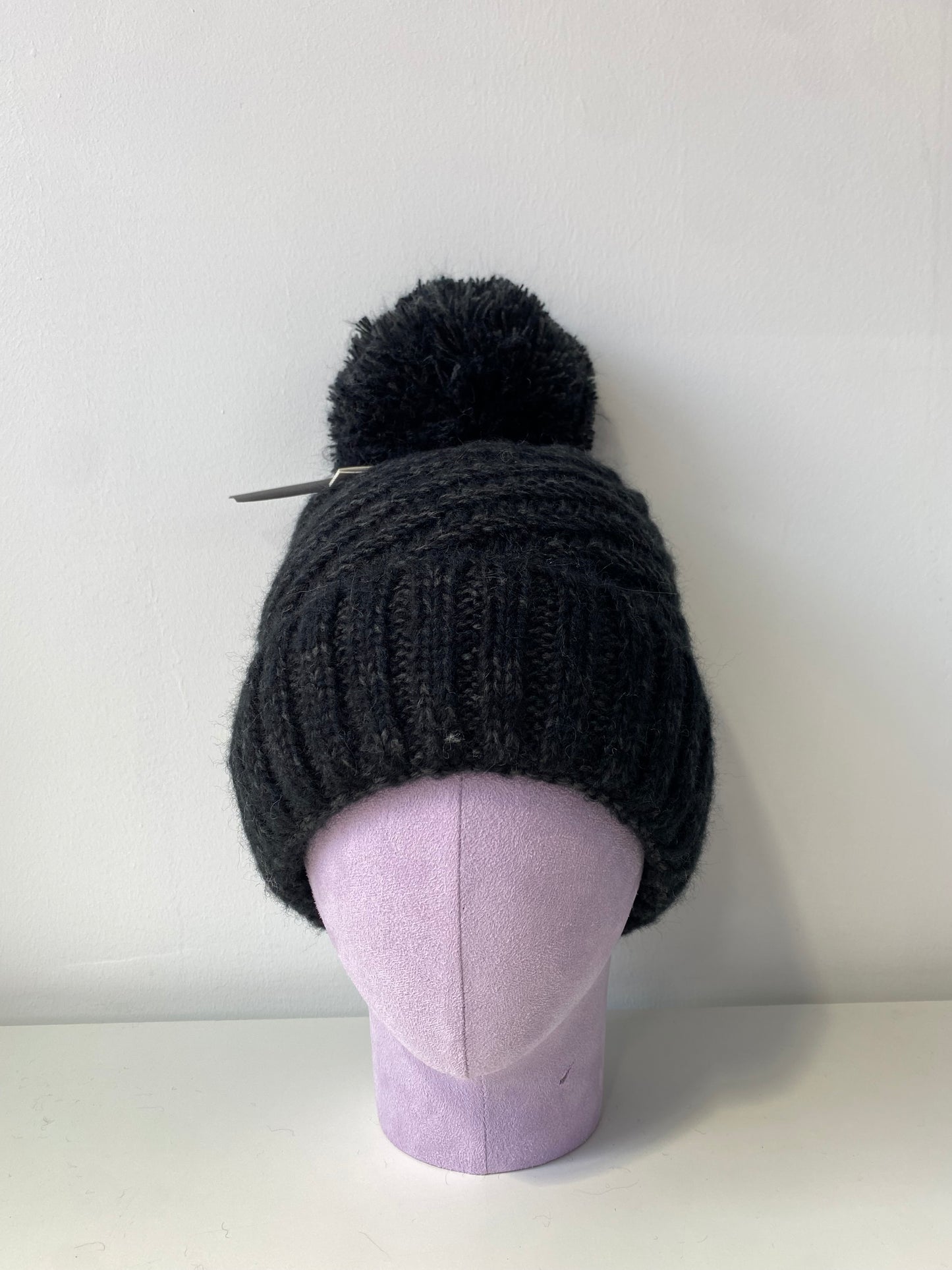 H410 Pom-Pom Textured Knit Beanie with Fleece Lining Black