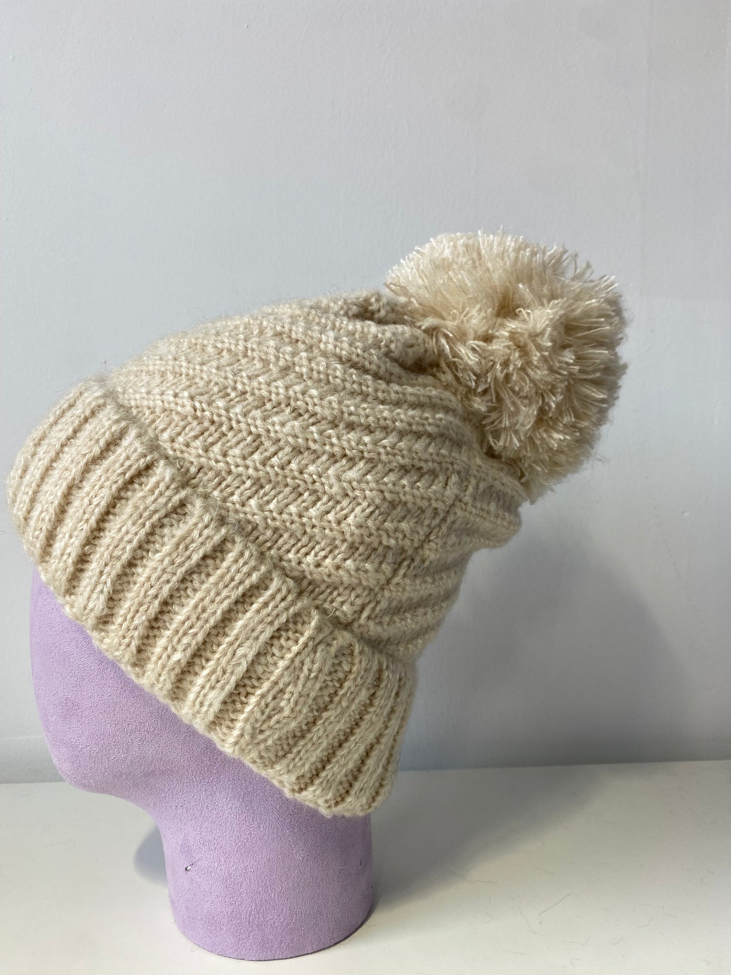 H410 Pom-Pom Textured Knit Beanie with Fleece Lining Beige