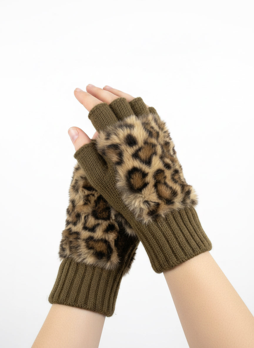 045 Leopard Fluffy Fingerless Gloves