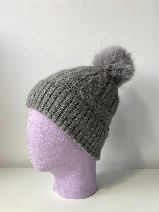 H405 Glitter Pom Fleece-Lined Beanie Grey