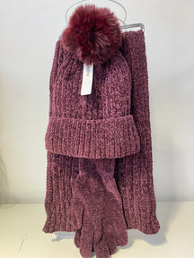 ST201 Chenille Beanie, Scarf & Gloves 3pcs Set Garnet