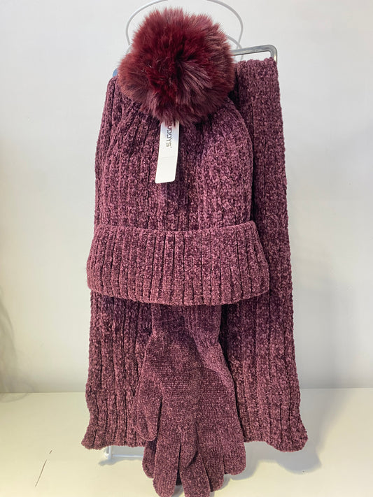 ST201 Chenille Beanie, Scarf & Gloves 3pcs Set Garnet