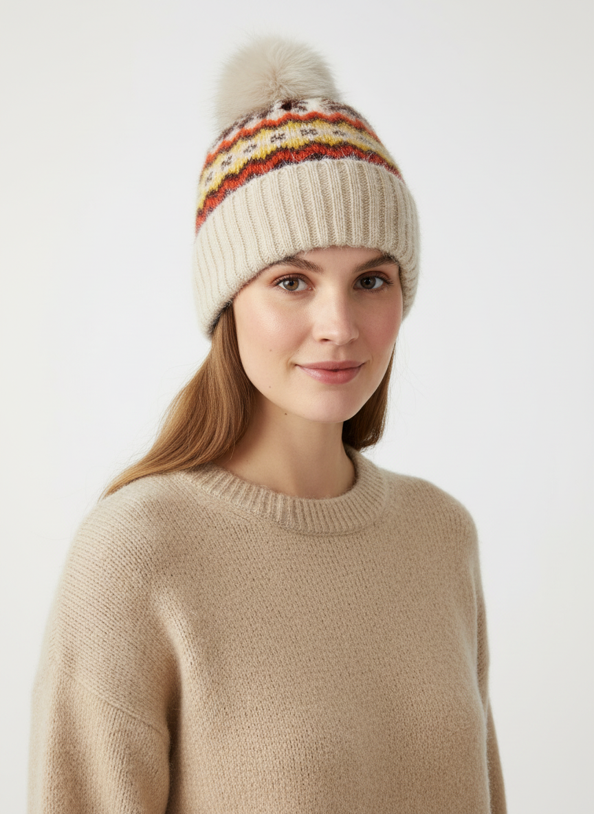 H407 Pom-Pom Patterned Fleece-Lined Beanie