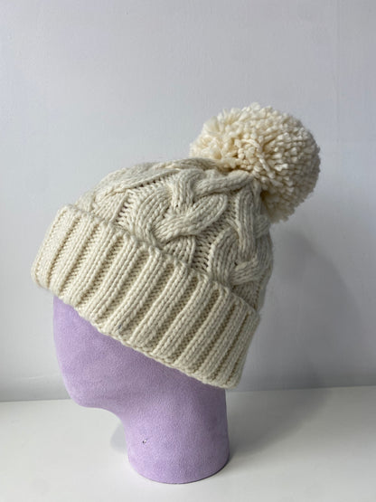 H409 Textured Knit Beanie with Pom-Pom Cream