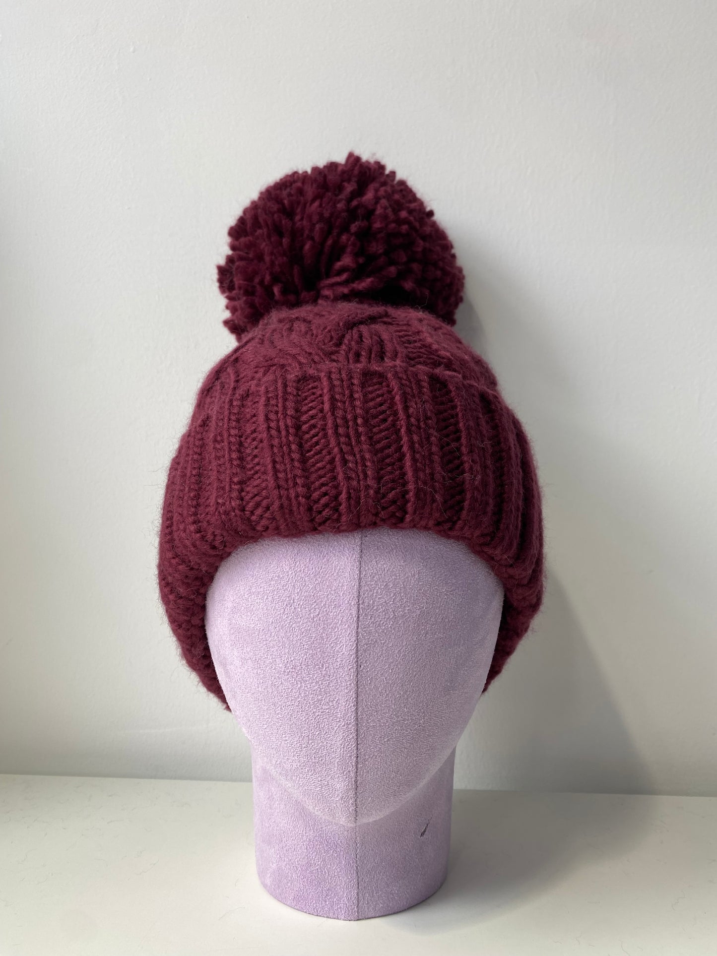 H409 Textured Knit Beanie with Pom-Pom Burgundy