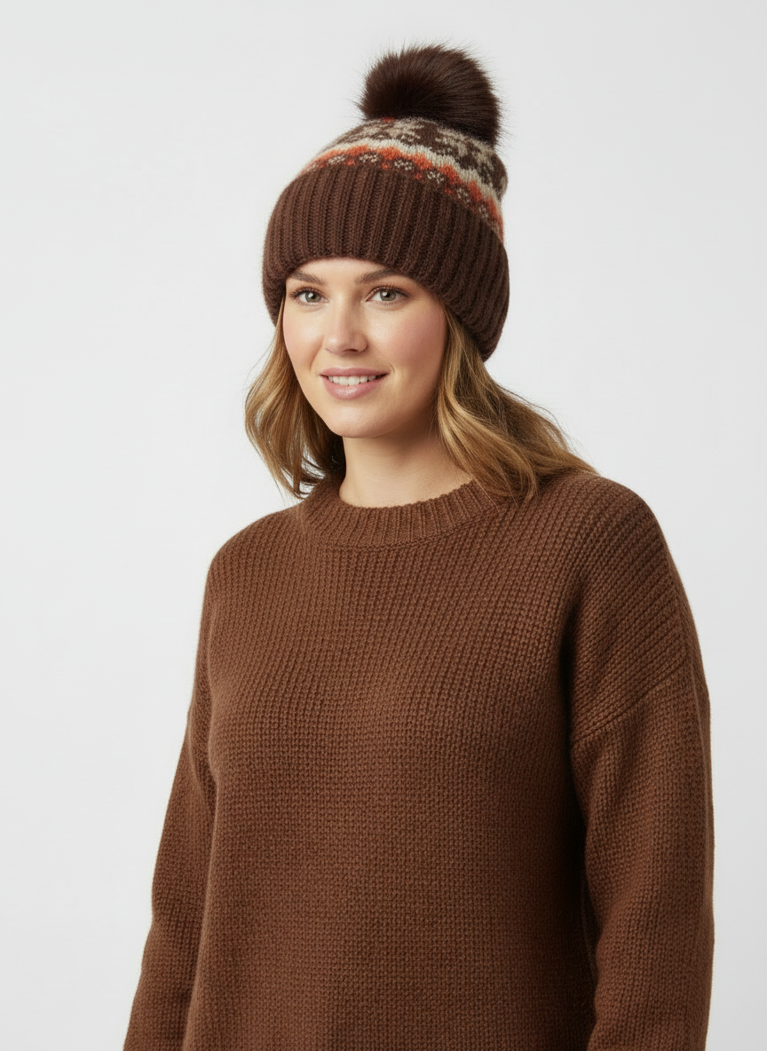H407 Pom-Pom Patterned Fleece-Lined Beanie