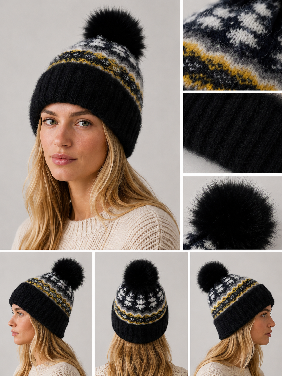 H407 Pom-Pom Patterned Fleece-Lined Beanie Black