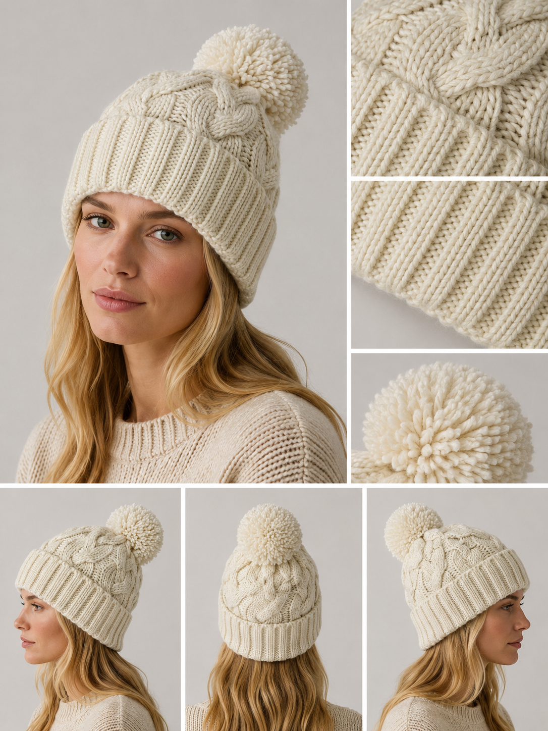 H409 Textured Knit Beanie with Pom-Pom Cream