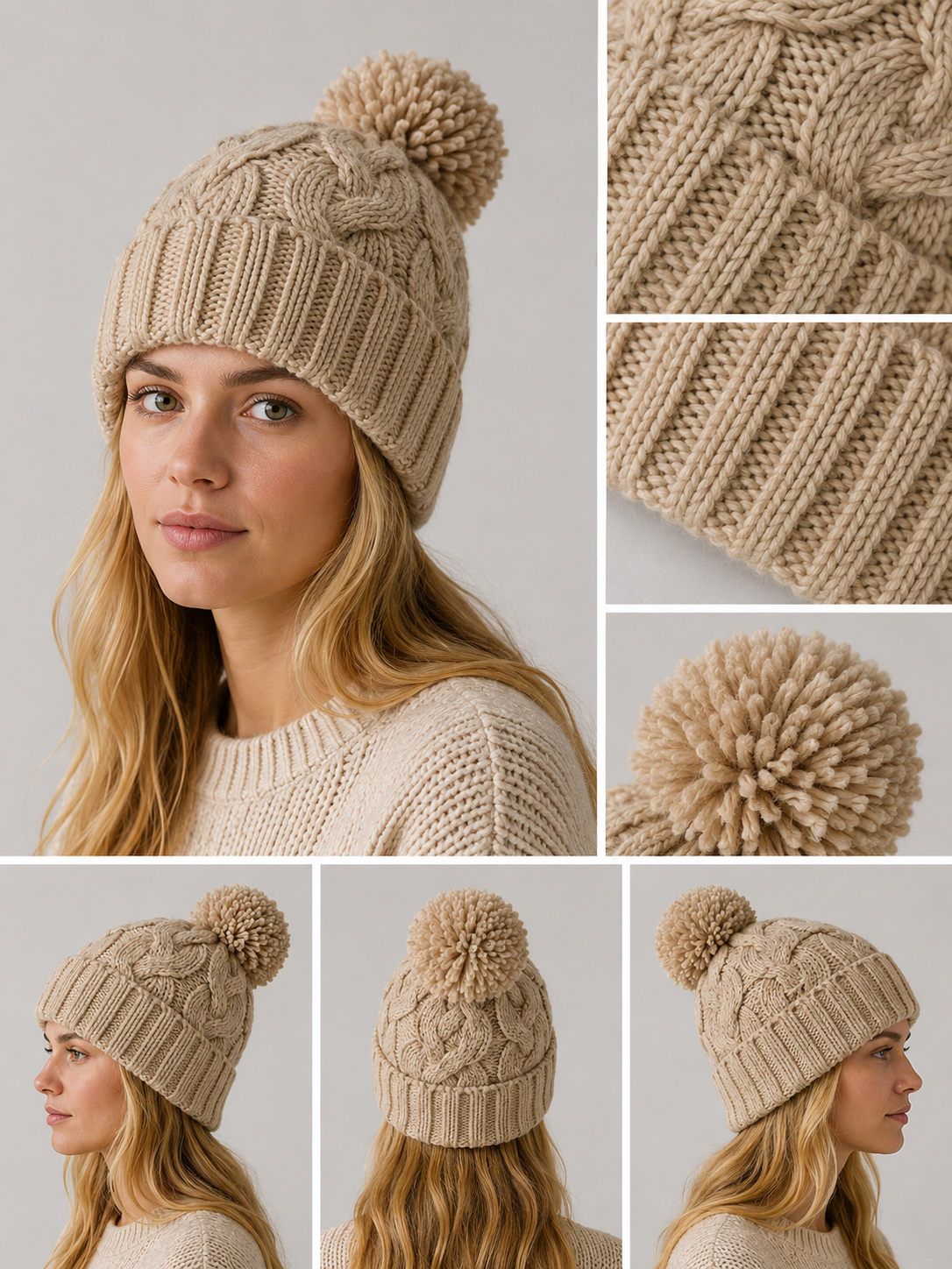 H409 Textured Knit Beanie with Pom-Pom Beige