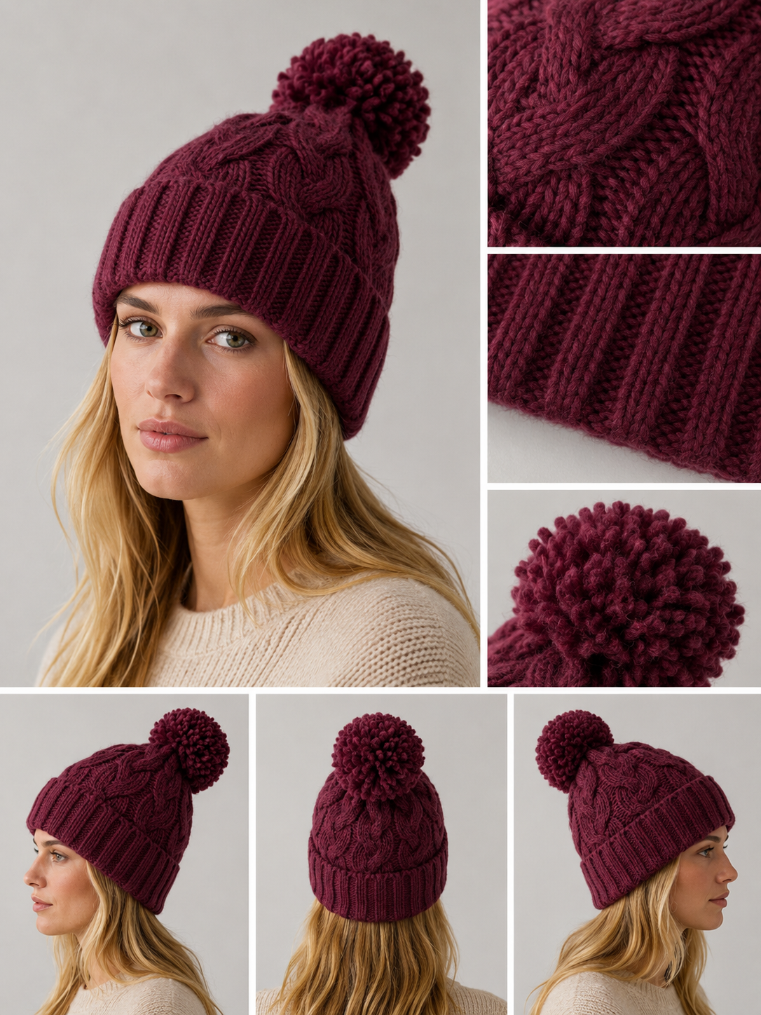 H409 Textured Knit Beanie with Pom-Pom Burgundy