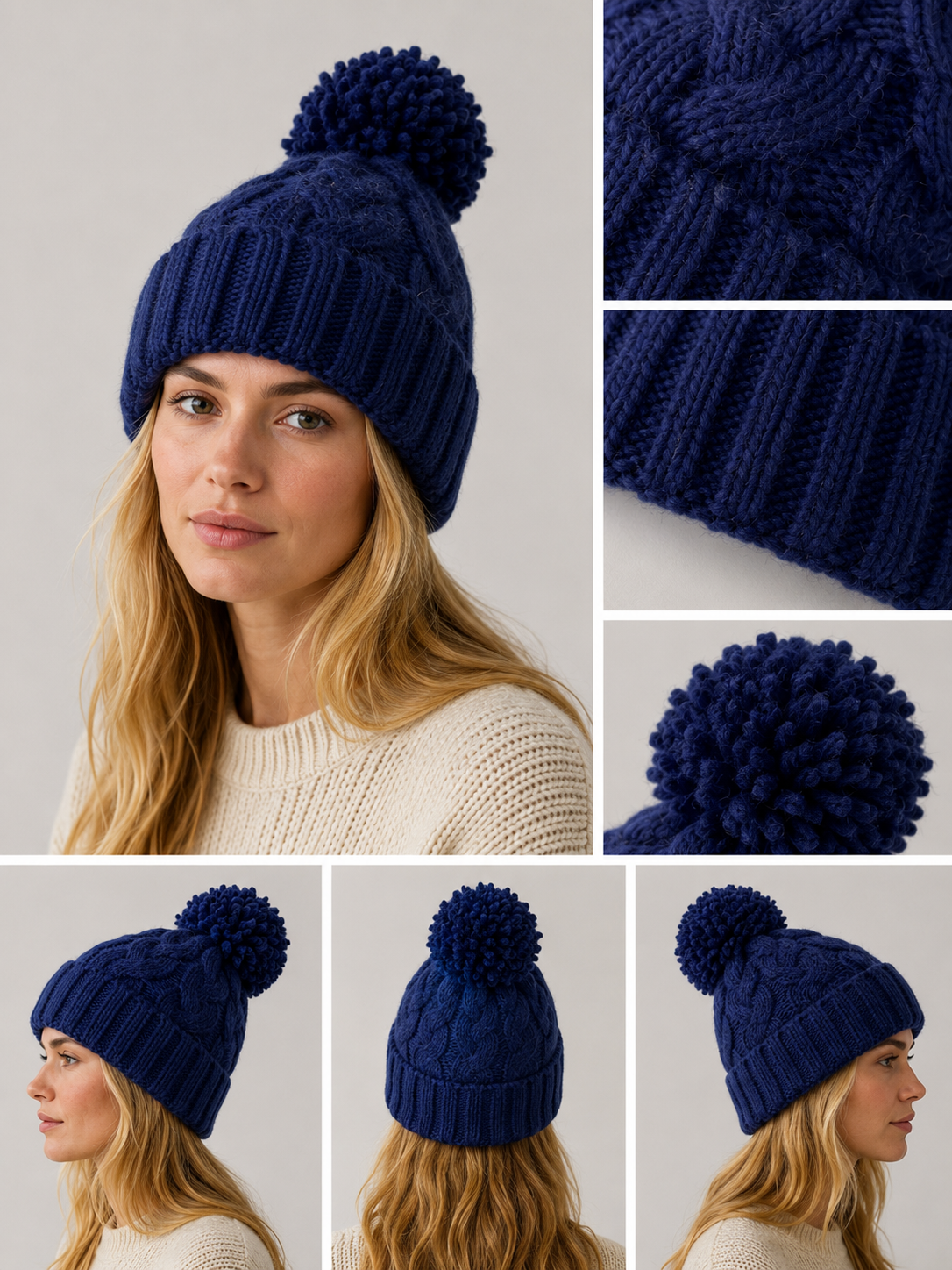 H409 Textured Knit Beanie with Pom-Pom Navy