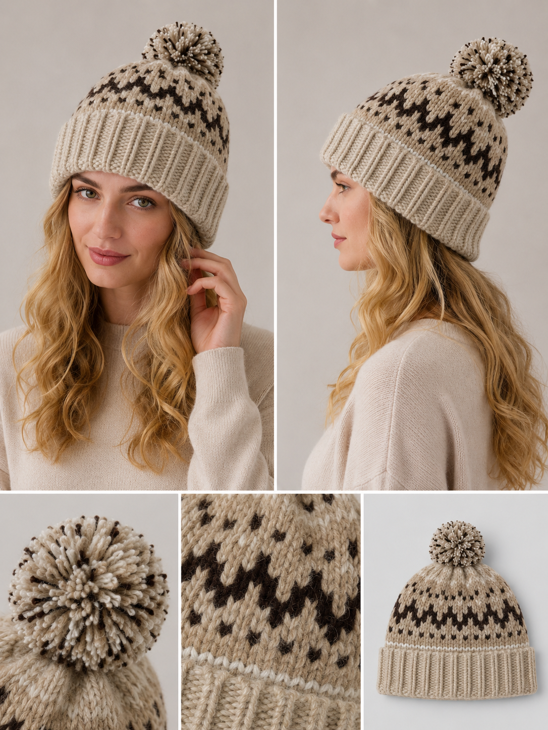 H402 Pom Knitted Pattern 10% Wool Beanie Beige