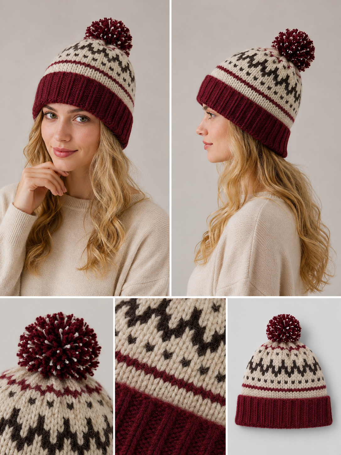 H402 Pom Knitted Pattern 10% Wool Beanie Burgundy