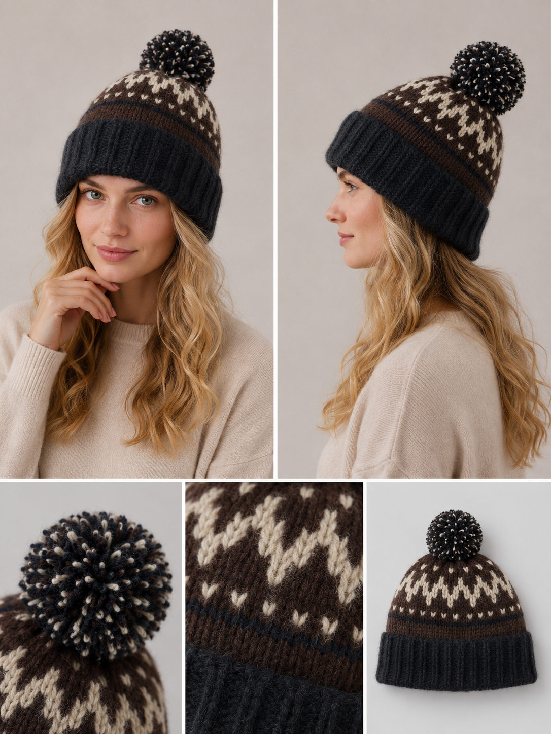 H402 Pom Knitted Pattern 10% Wool Beanie Black