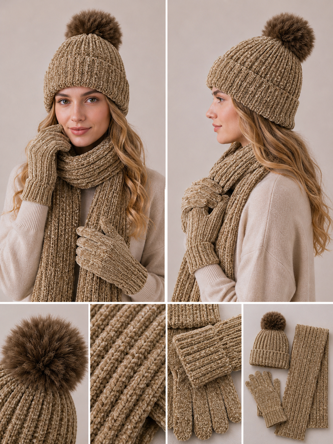 ST201 Chenille Beanie, Scarf & Gloves 3pcs Set Garnet Taupe