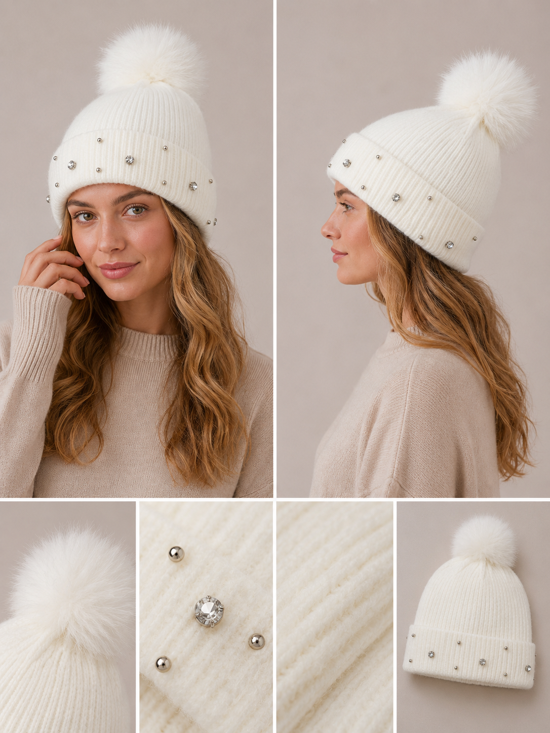 H403 Bejeweled Fleece-Lined Beanie White