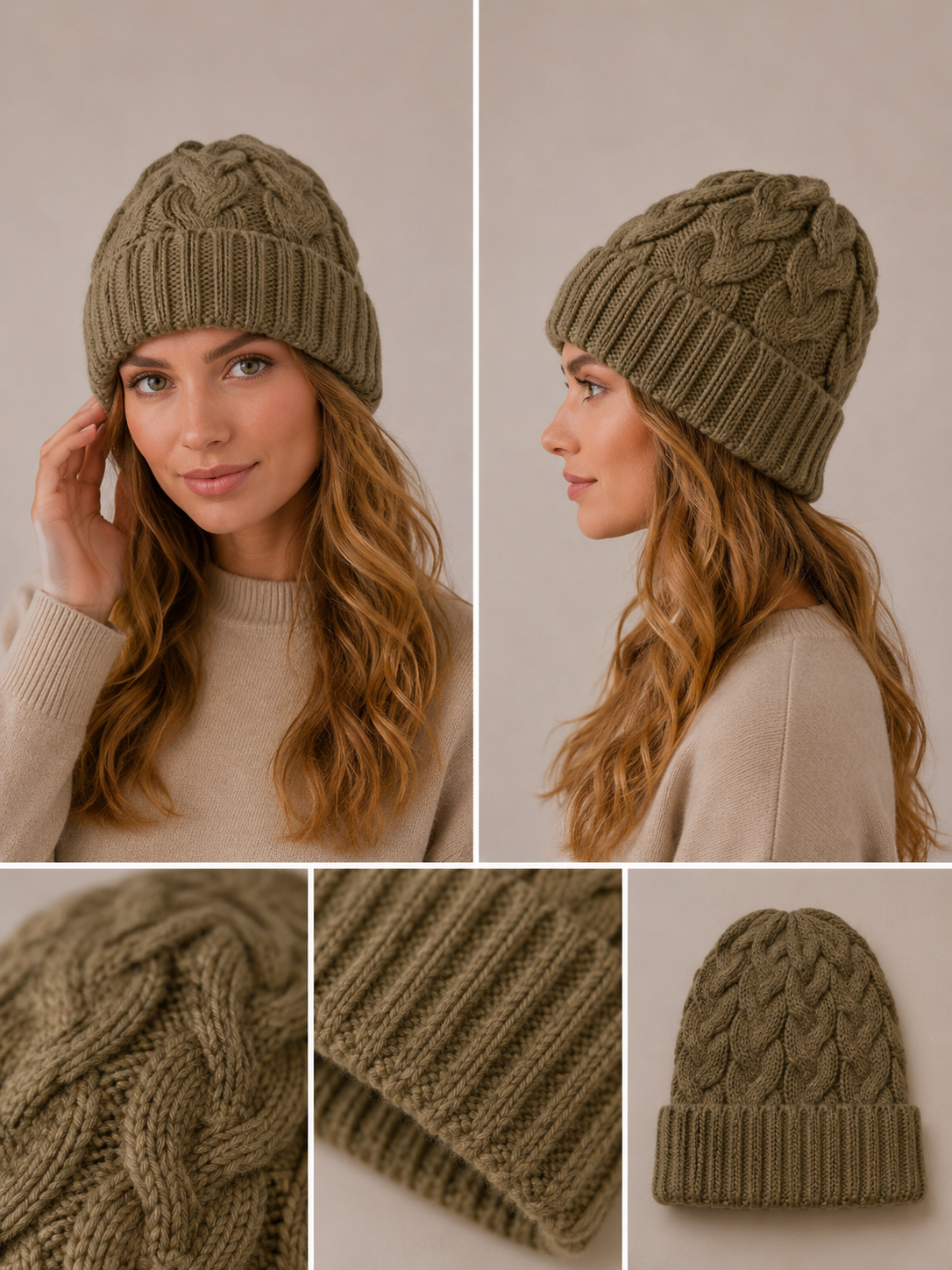 H408 Simple Textured Knit Beanie Taupe