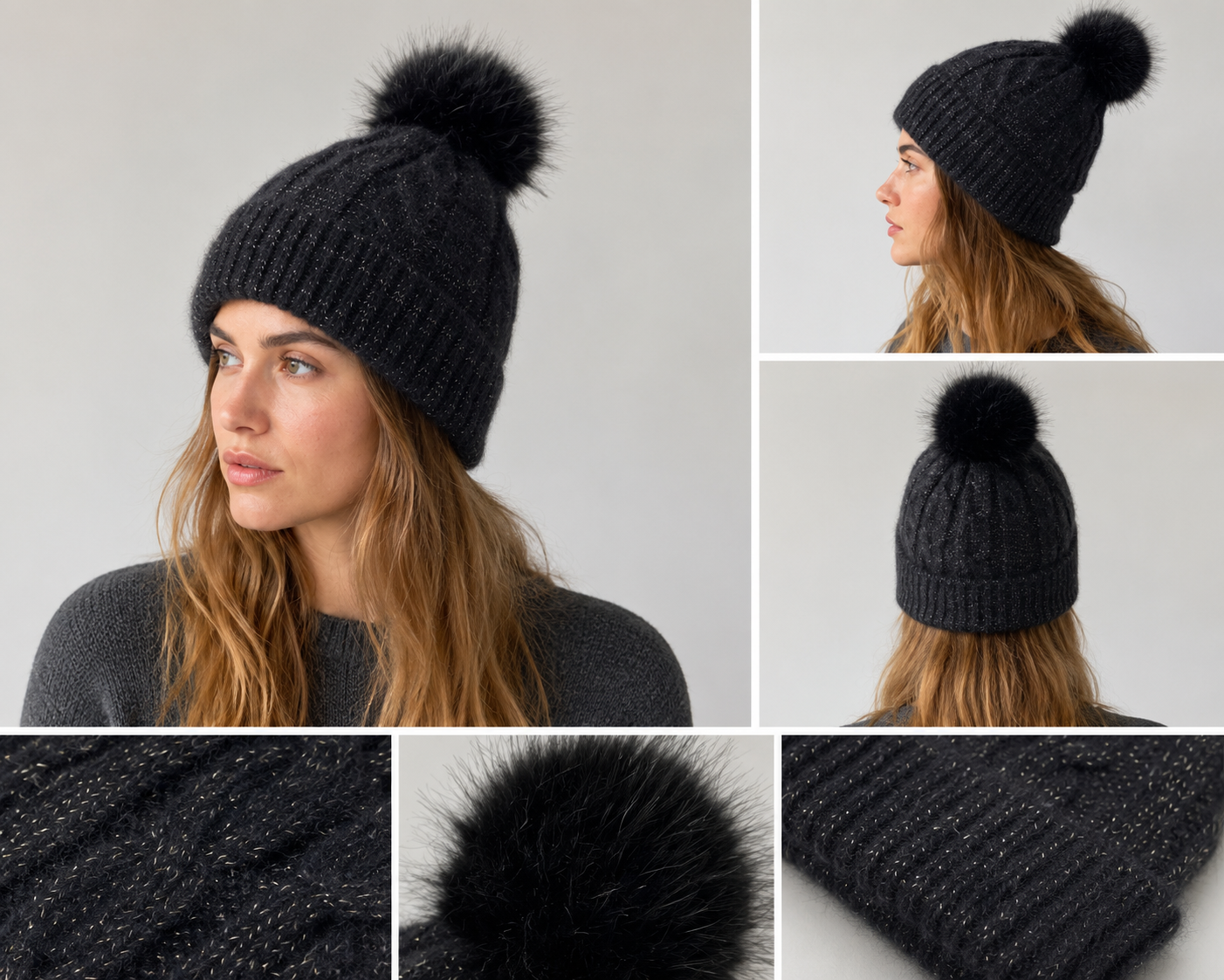 H405 Glitter Pom Fleece-Lined Beanie Black