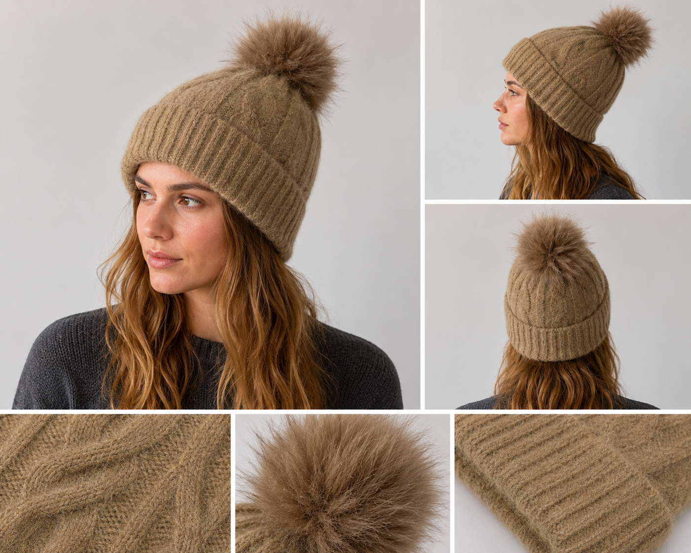 H405 Glitter Pom Fleece-Lined Beanie Beige