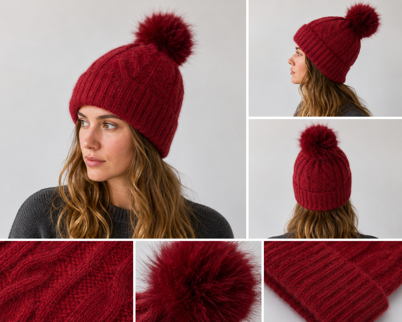 H405 Glitter Pom Fleece-Lined Beanie Burgundy