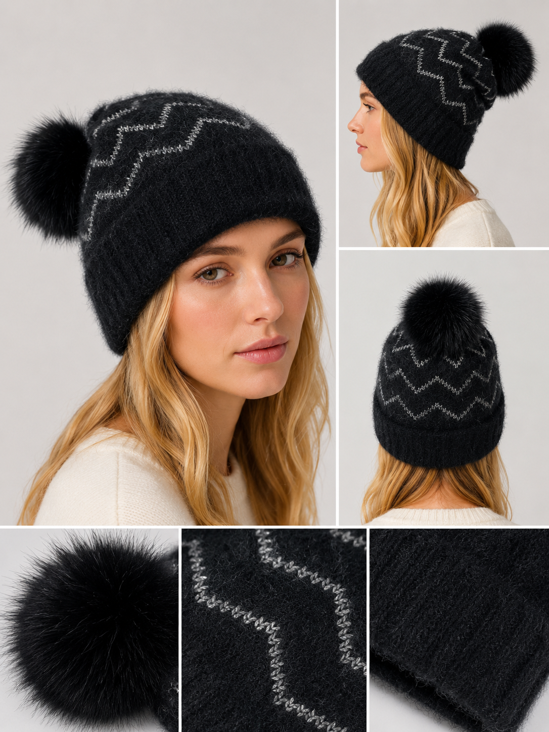 H404 Wavy Line Fleece-Lined Beanie Black Silver