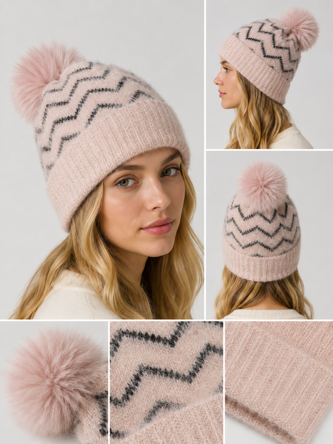 H404 Wavy Line Fleece-Lined Beanie Pink Black