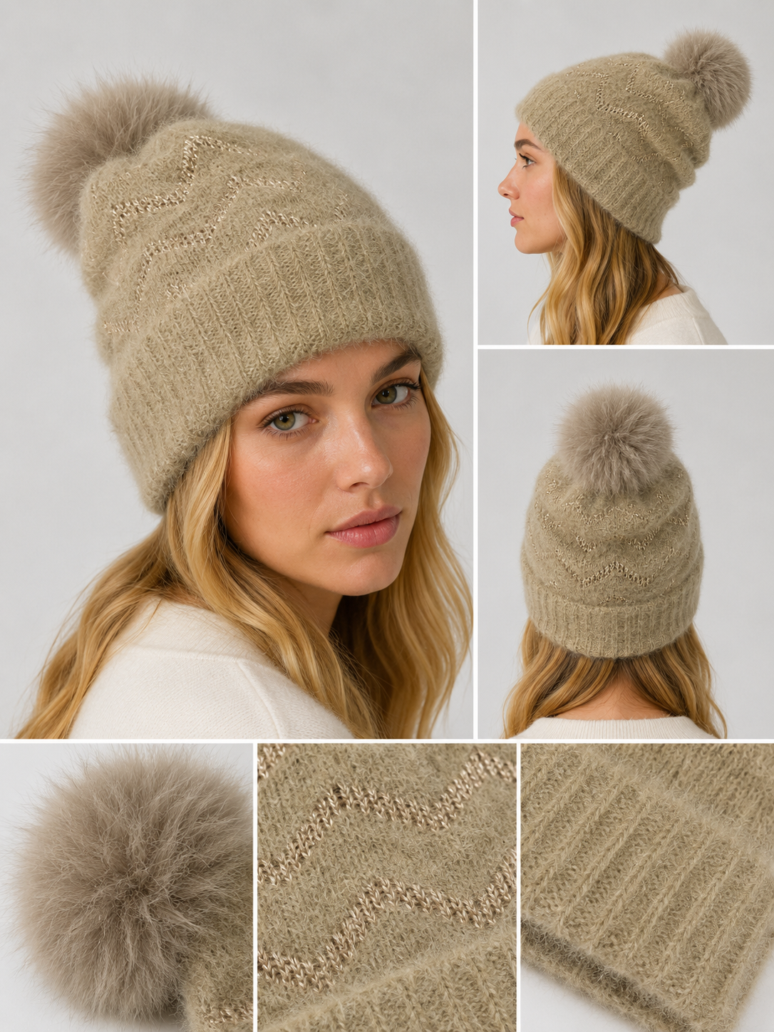 H404 Wavy Line Fleece-Lined Beanie Beige Gold