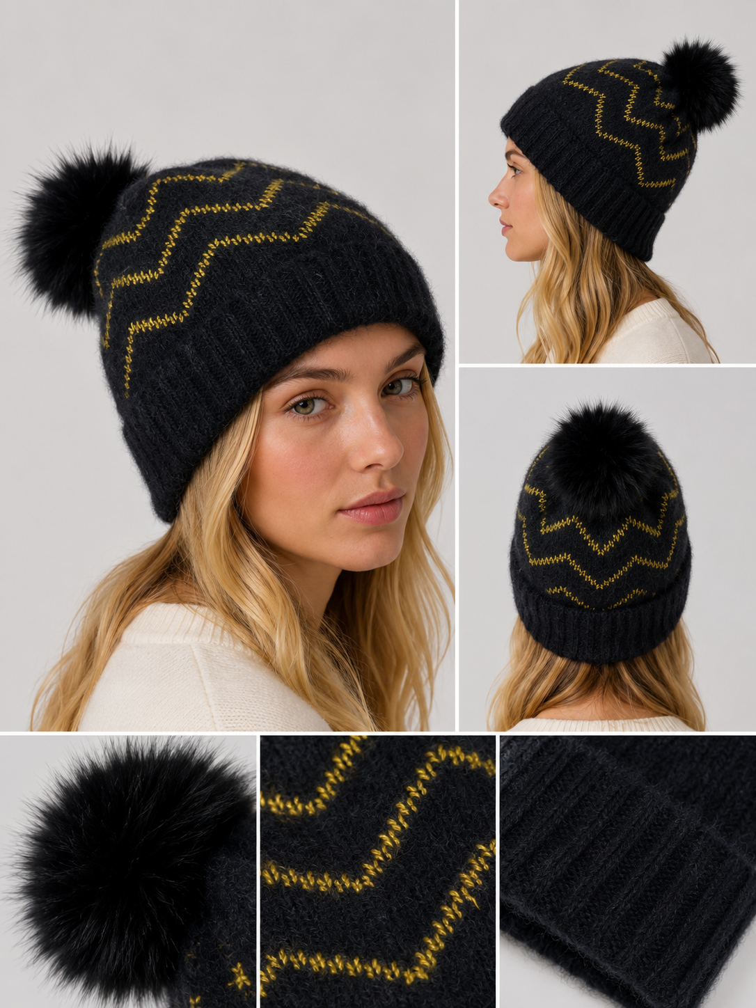 H404 Wavy Line Fleece-Lined Beanie Black Gold