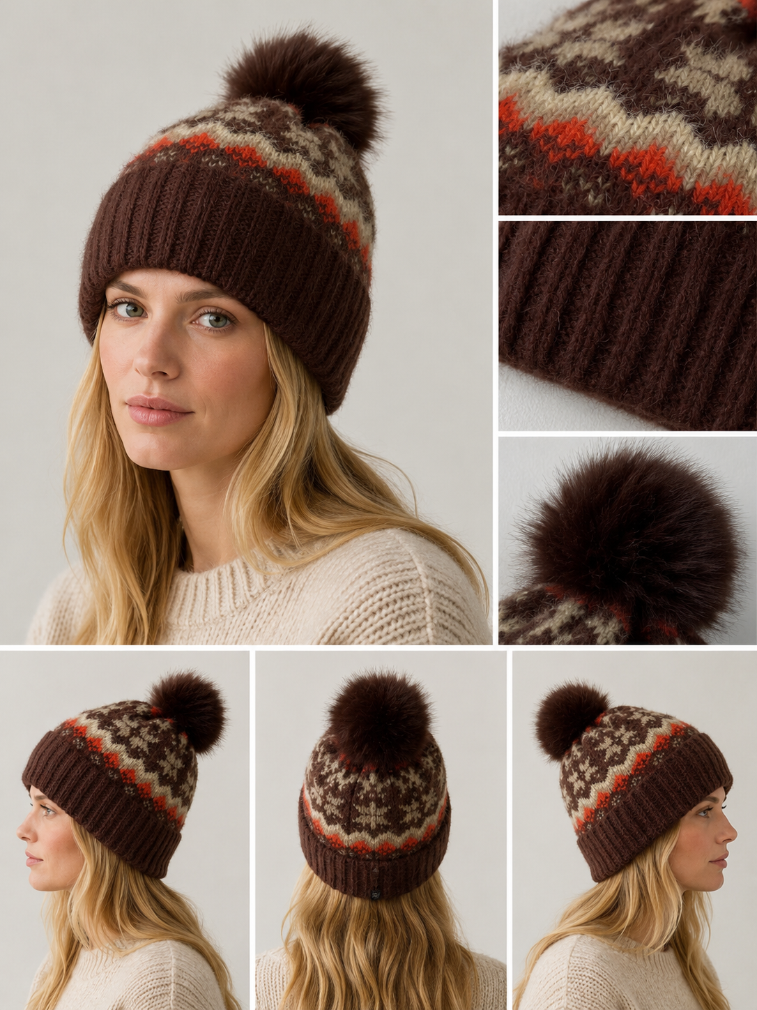 H407 Pom-Pom Patterned Fleece-Lined Beanie Chocolate