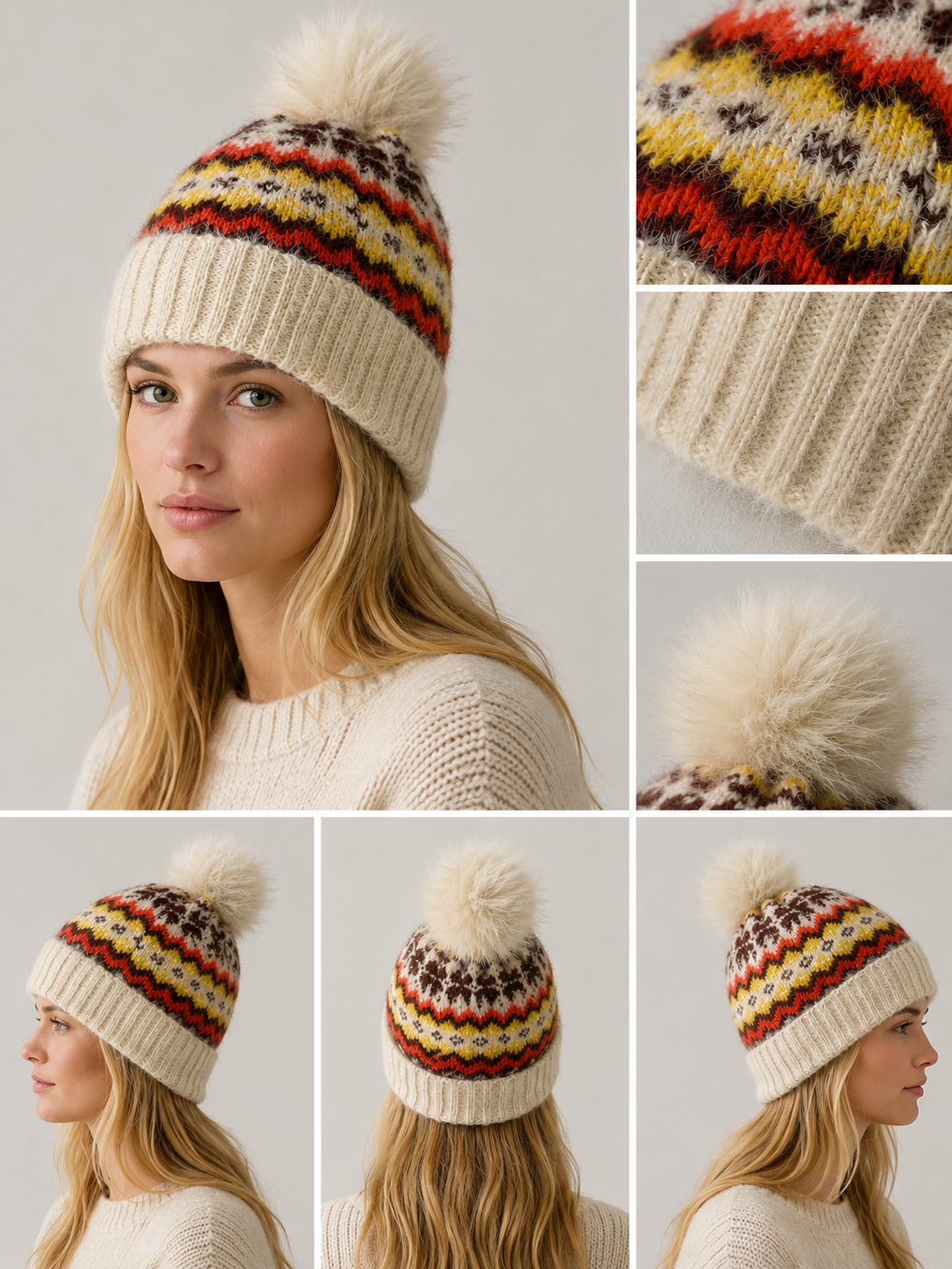 H407 Pom-Pom Patterned Fleece-Lined Beanie Beige