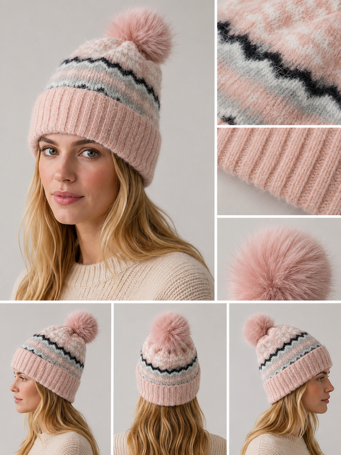 H407 Pom-Pom Patterned Fleece-Lined Beanie Pink