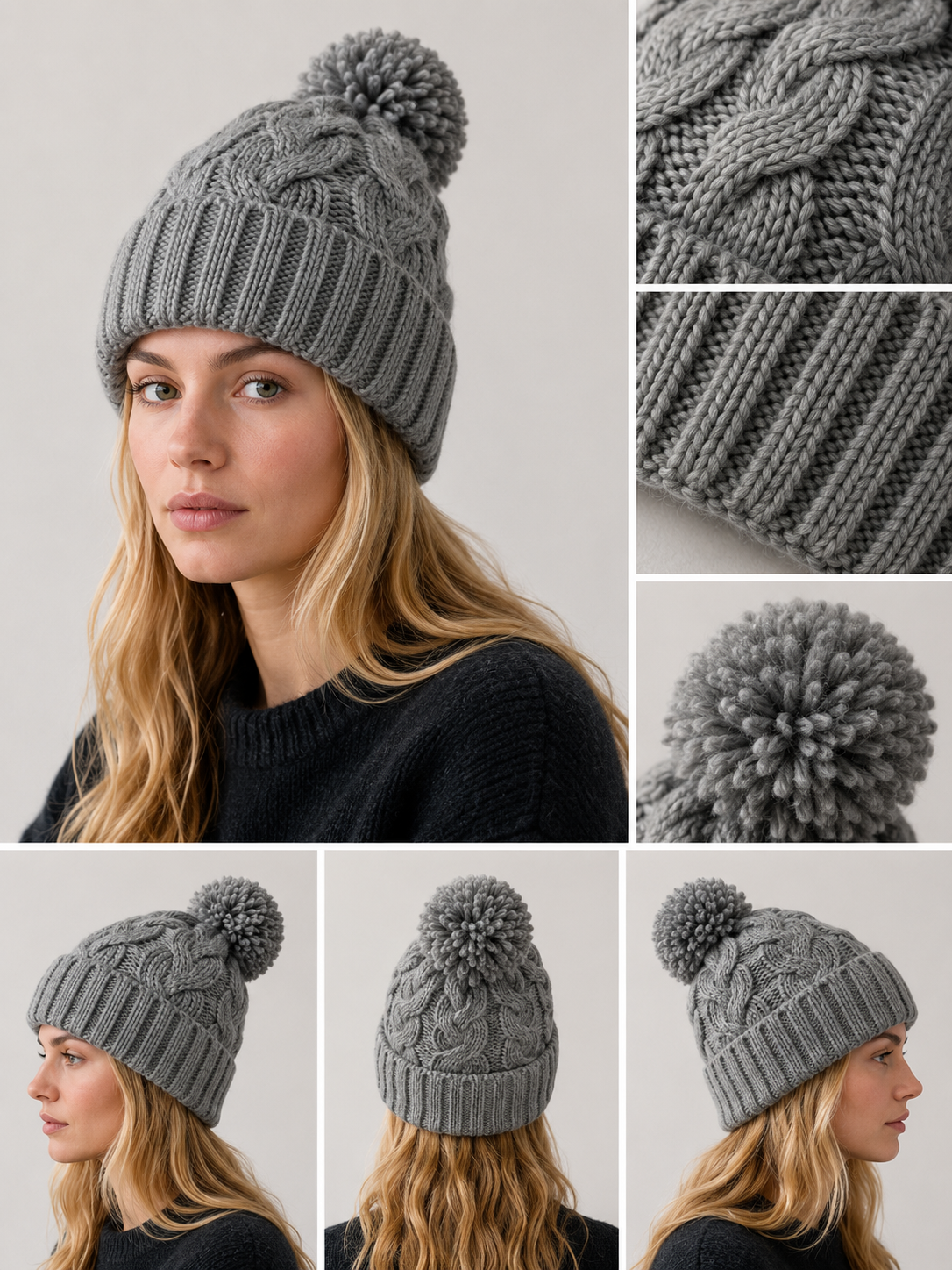 H409 Textured Knit Beanie with Pom-Pom Grey