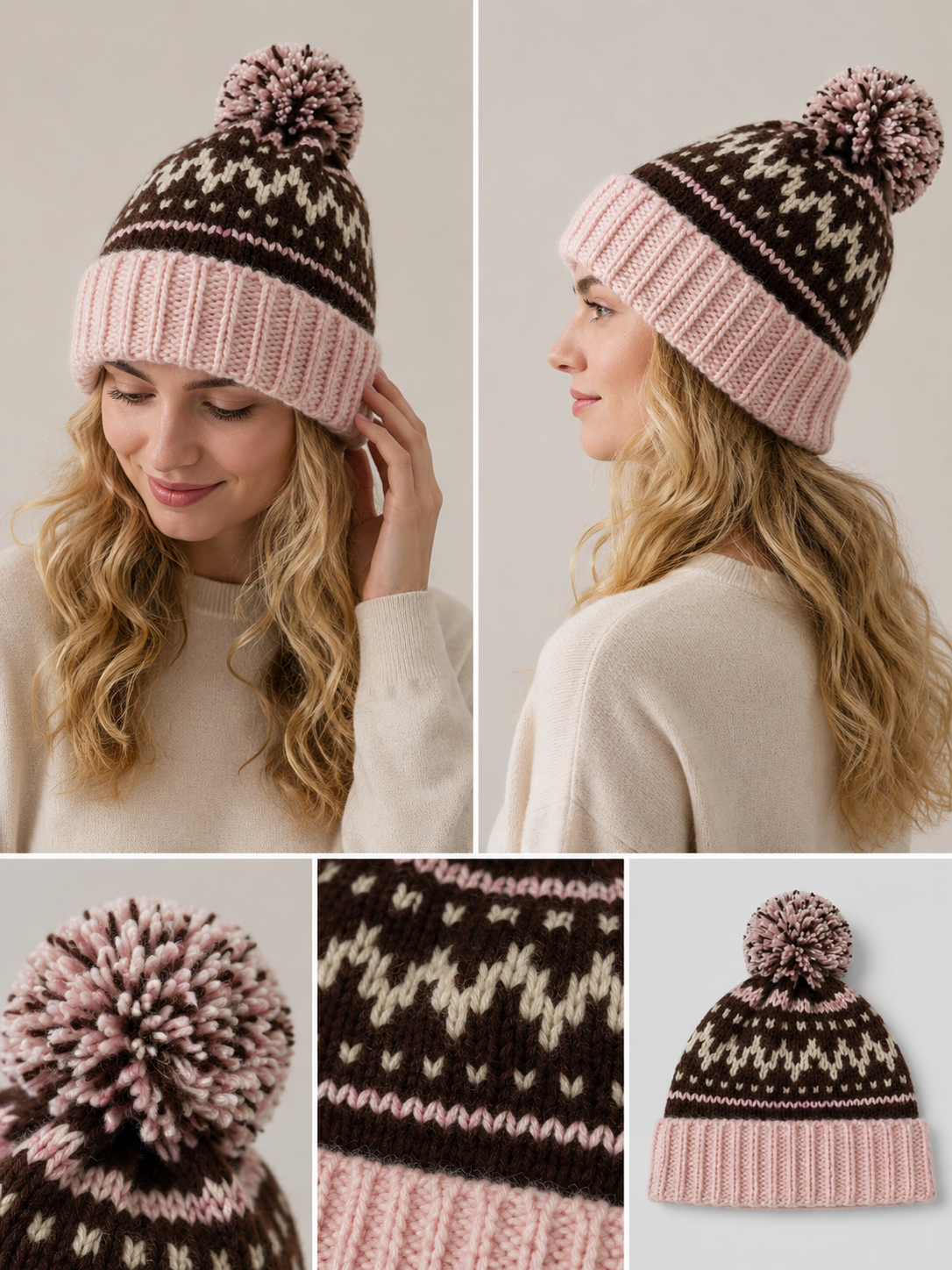 H402 Pom Knitted Pattern 10% Wool Beanie Pink