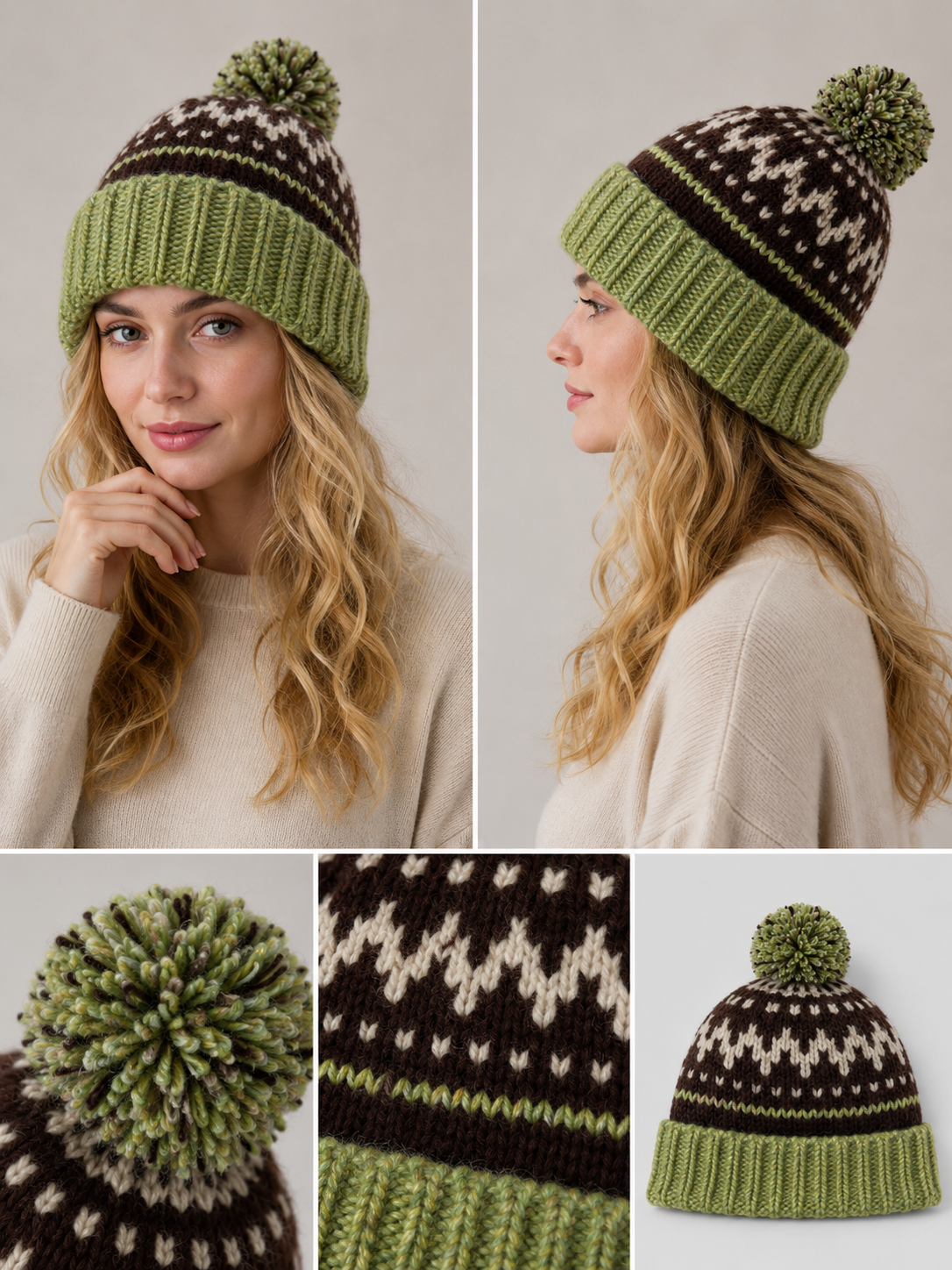 H402 Pom Knitted Pattern 10% Wool Beanie Green