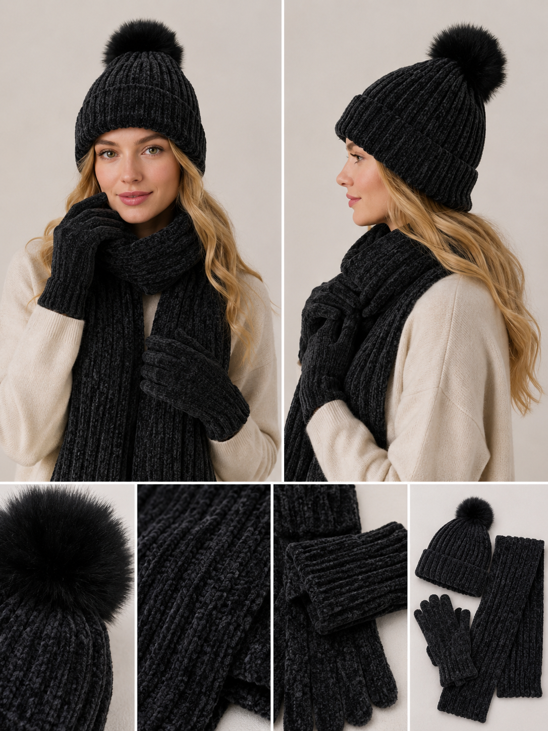 ST201 Chenille Beanie, Scarf & Gloves 3pcs Set Garnet Black
