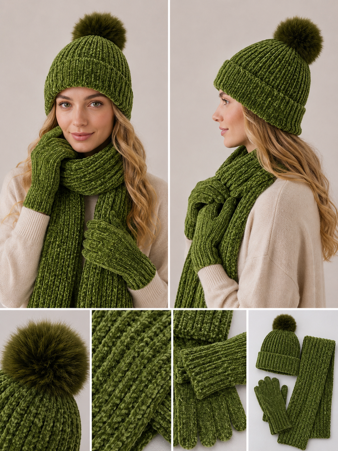 ST201 Chenille Beanie, Scarf & Gloves 3pcs Set Garnet Army Green