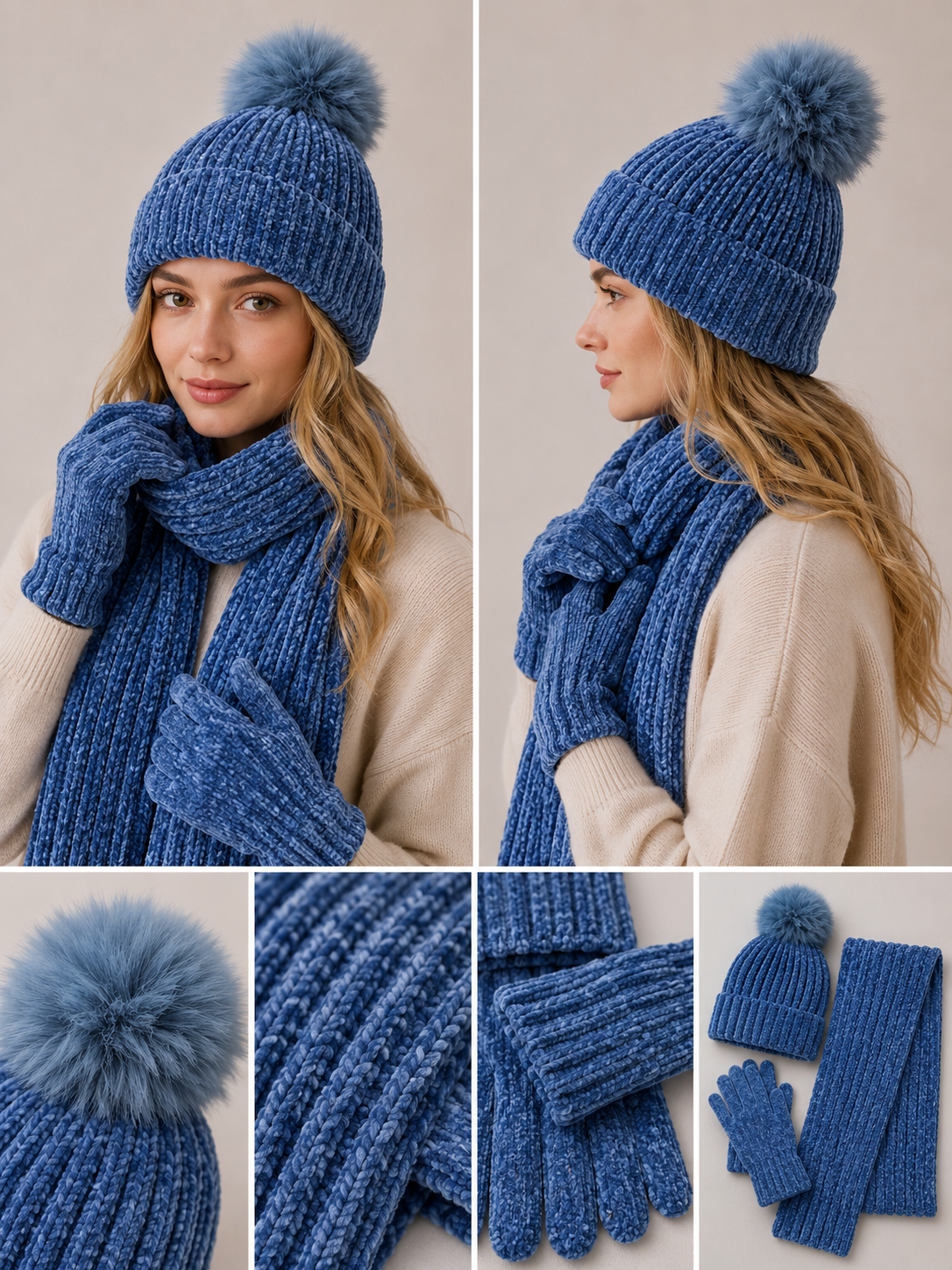ST201 Chenille Beanie, Scarf & Gloves 3pcs Set Garnet Denim