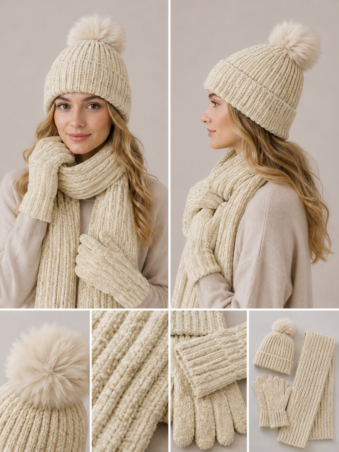ST201 Chenille Beanie, Scarf & Gloves 3pcs Set Garnet Beige