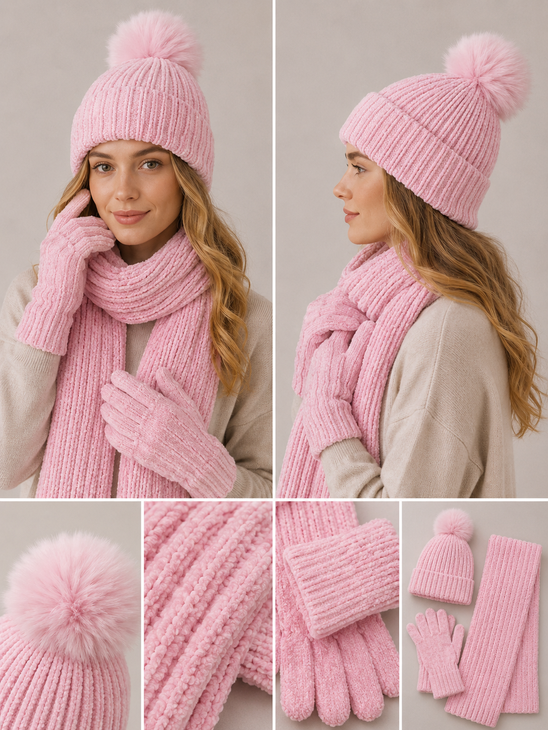 ST201 Chenille Beanie, Scarf & Gloves 3pcs Set Garnet Baby Pink