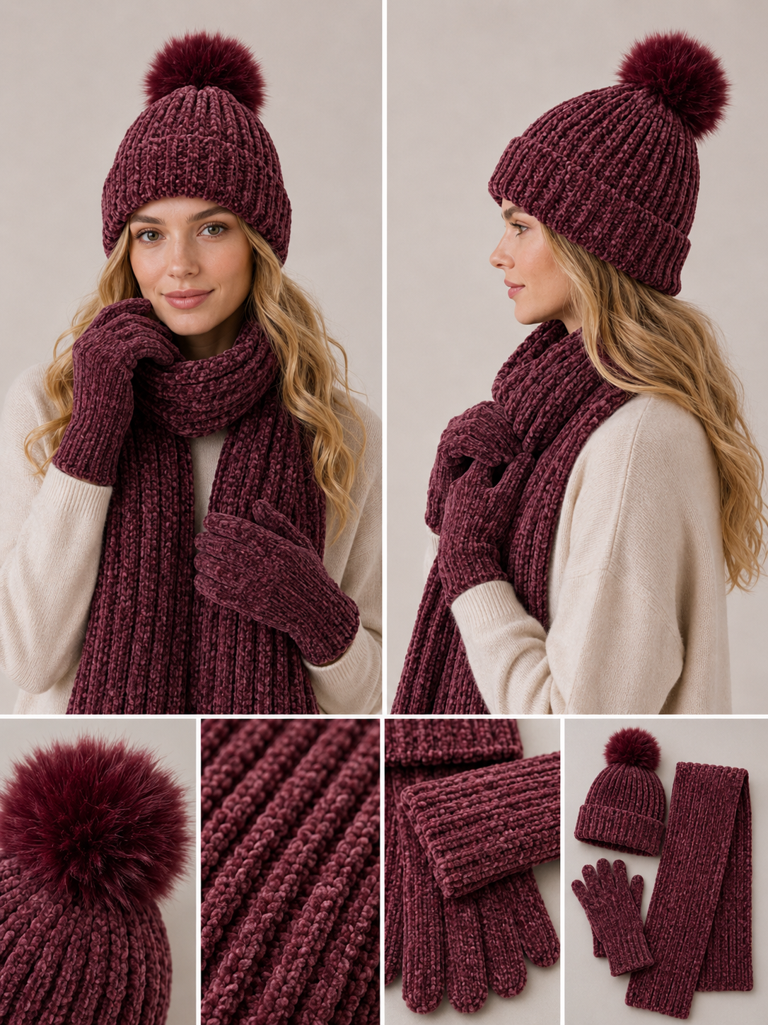 ST201 Chenille Beanie, Scarf & Gloves 3pcs Set Garnet Red