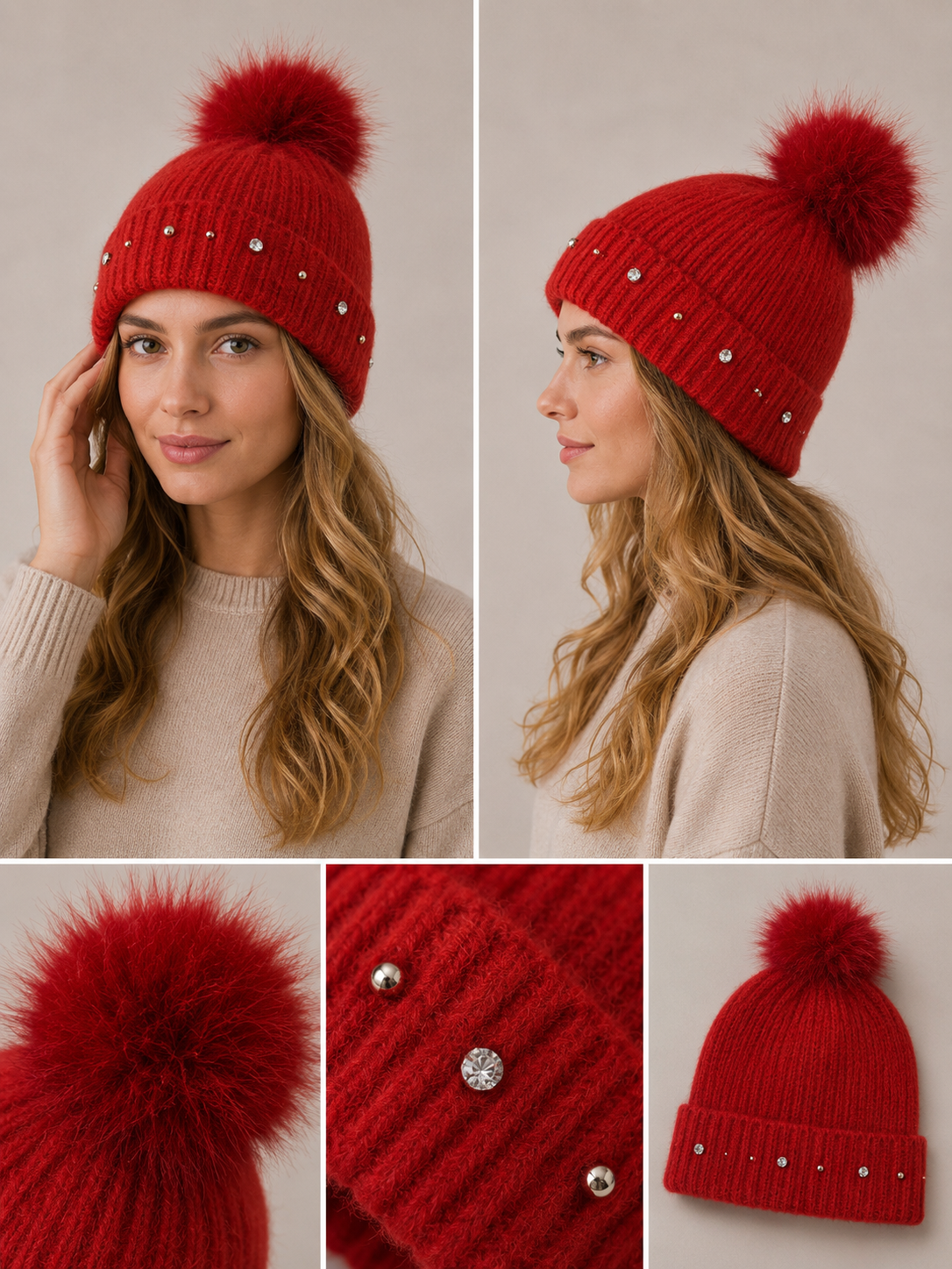 H403 Bejeweled Fleece-Lined Beanie Red
