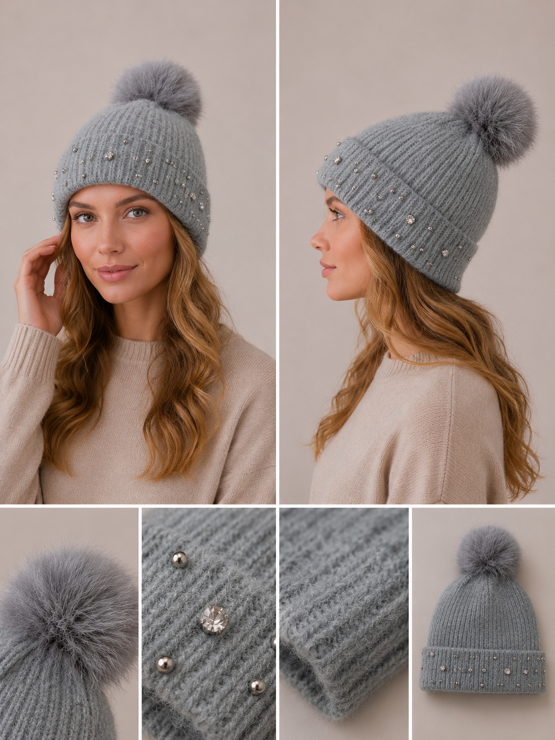H403 Bejeweled Fleece-Lined Beanie Grey