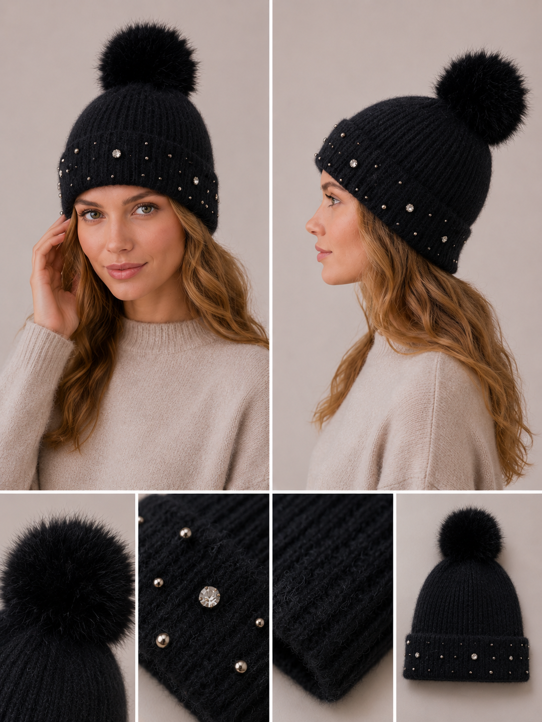 H403 Bejeweled Fleece-Lined Beanie Black