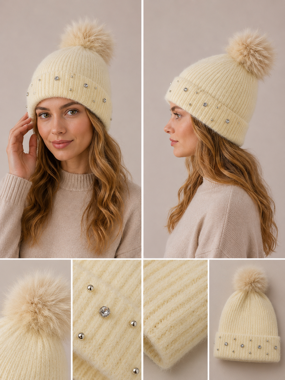 H403 Bejeweled Fleece-Lined Beanie Cream