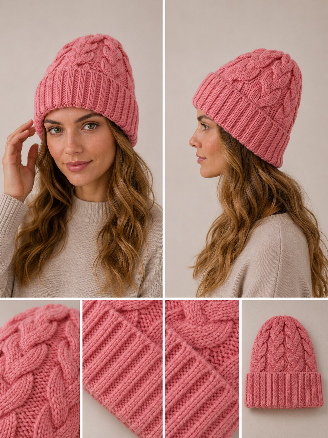 H408 Simple Textured Knit Beanie Pink