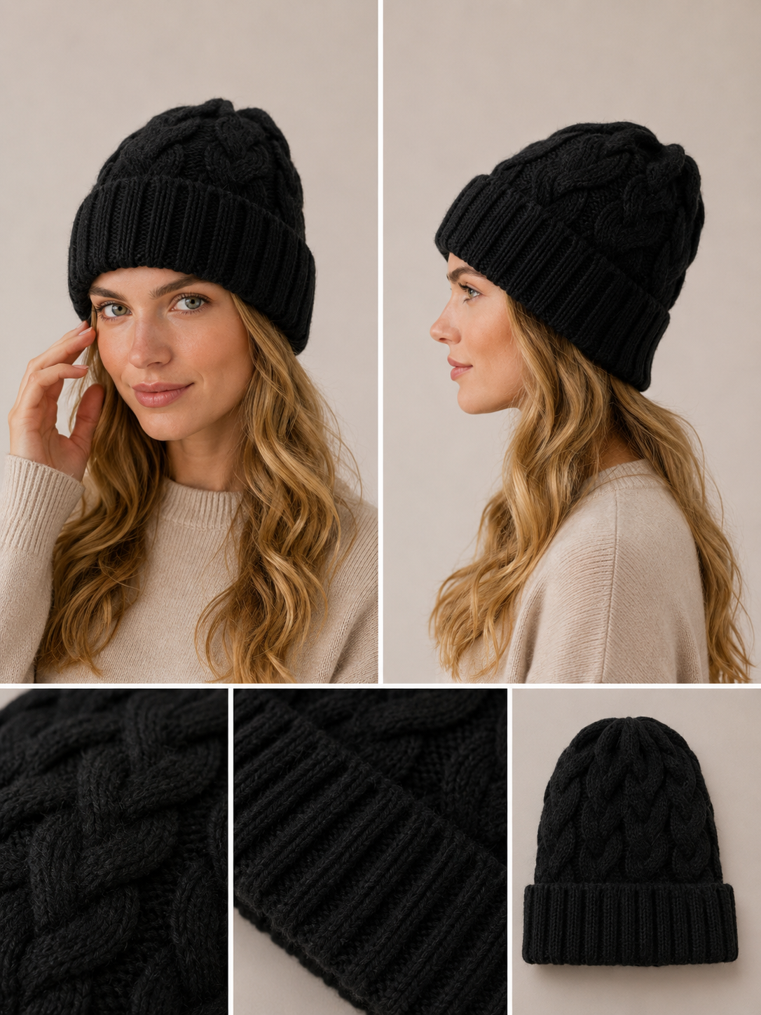 H408 Simple Textured Knit Beanie Black