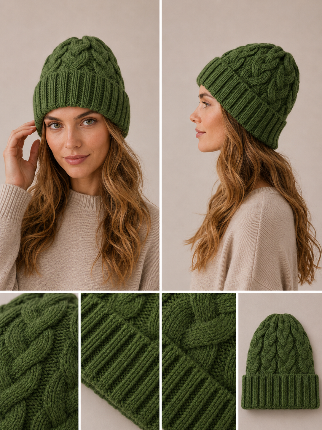H408 Simple Textured Knit Beanie Army Green