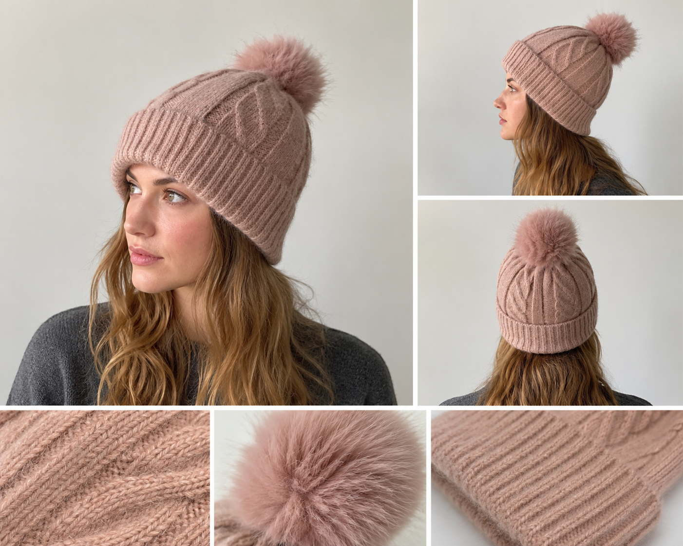 H405 Glitter Pom Fleece-Lined Beanie Pink